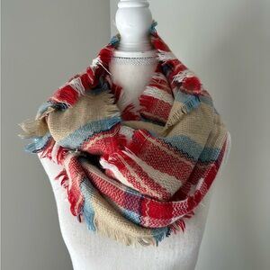 Red & Beige Plaid Infinity Scarf with Wool